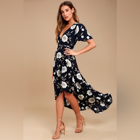 Lulus Lake Como Navy Blue Floral Print High-Low Wrap Dress Small Boho Wedding - Picture 1 of 10